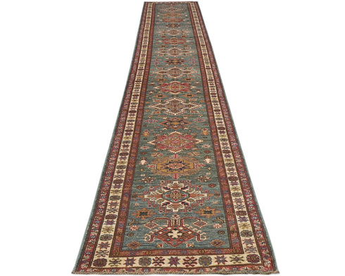 19 Feet Green Kazak Afghan Hand Knotted Wool Runner Rug